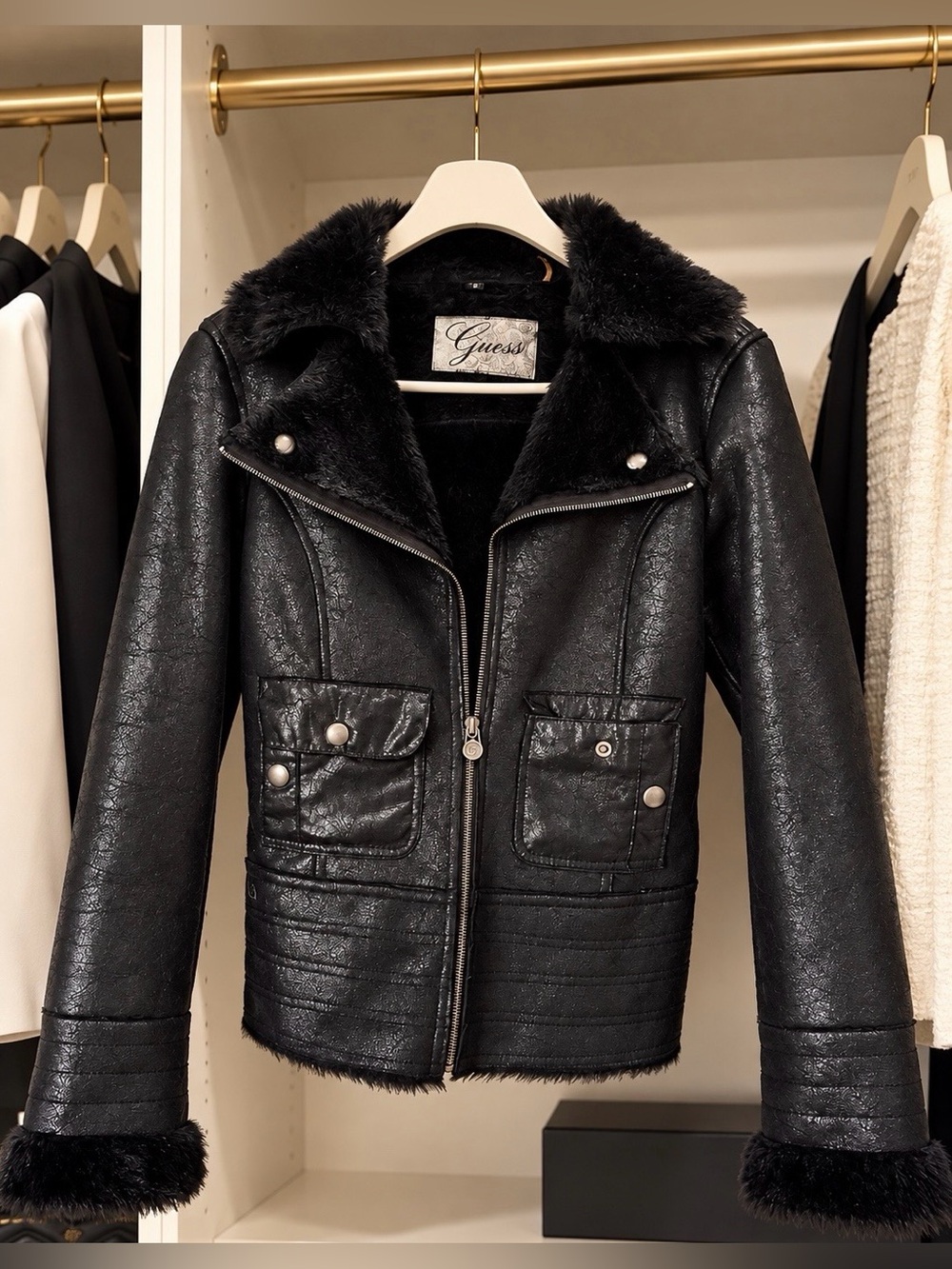 GUESS Black Faux Shearling Moto Jacket with Plush Trim